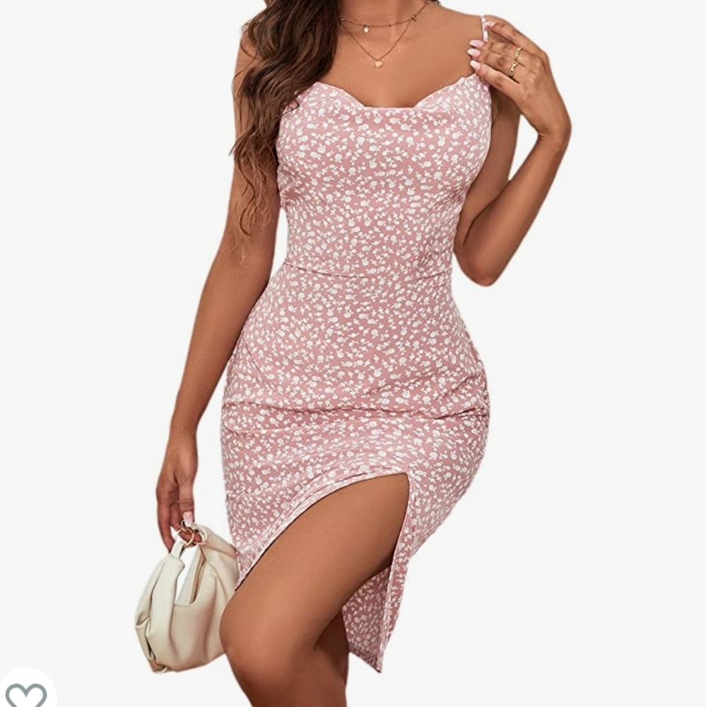 Pink and white floral slit dress